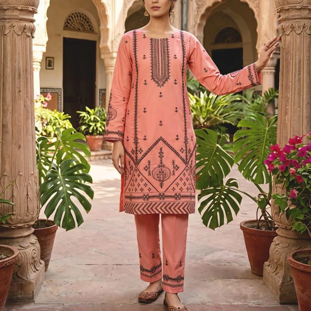 Eid Collection Embroidered 2Pcs Cotton Shirt Trouser Multicolor Large
