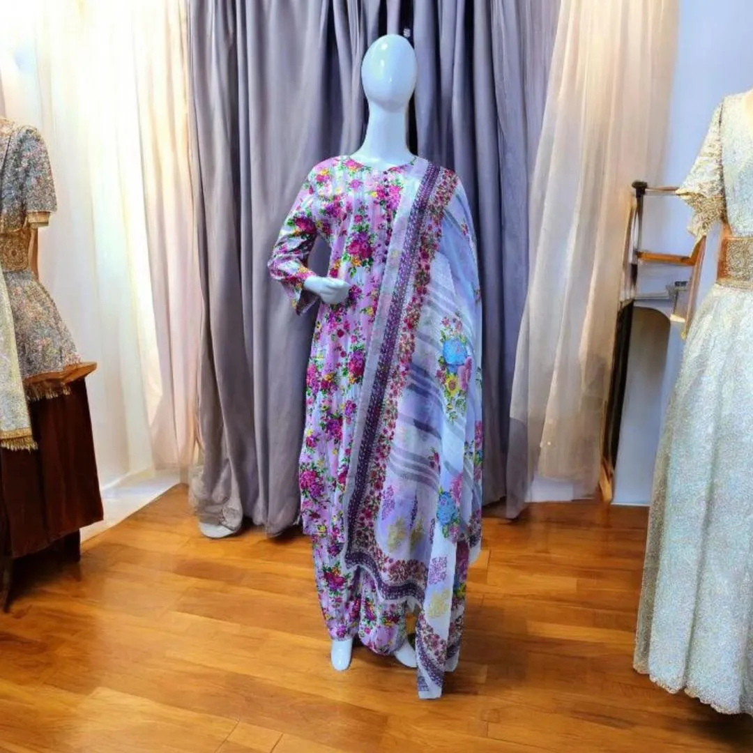 Eid Women's 3Pcs Printed Cotton Lawn Suit Multicolor