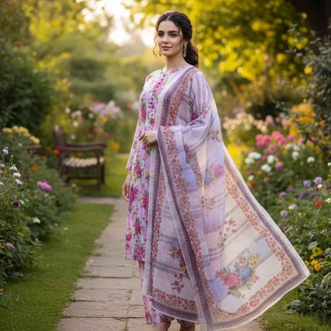 Eid Women's 3Pcs Printed Cotton Lawn Suit Multicolor