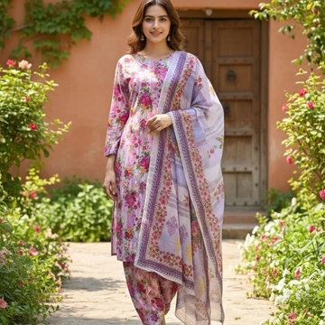 Eid Women's 3Pcs Printed Cotton Lawn Suit Multicolor
