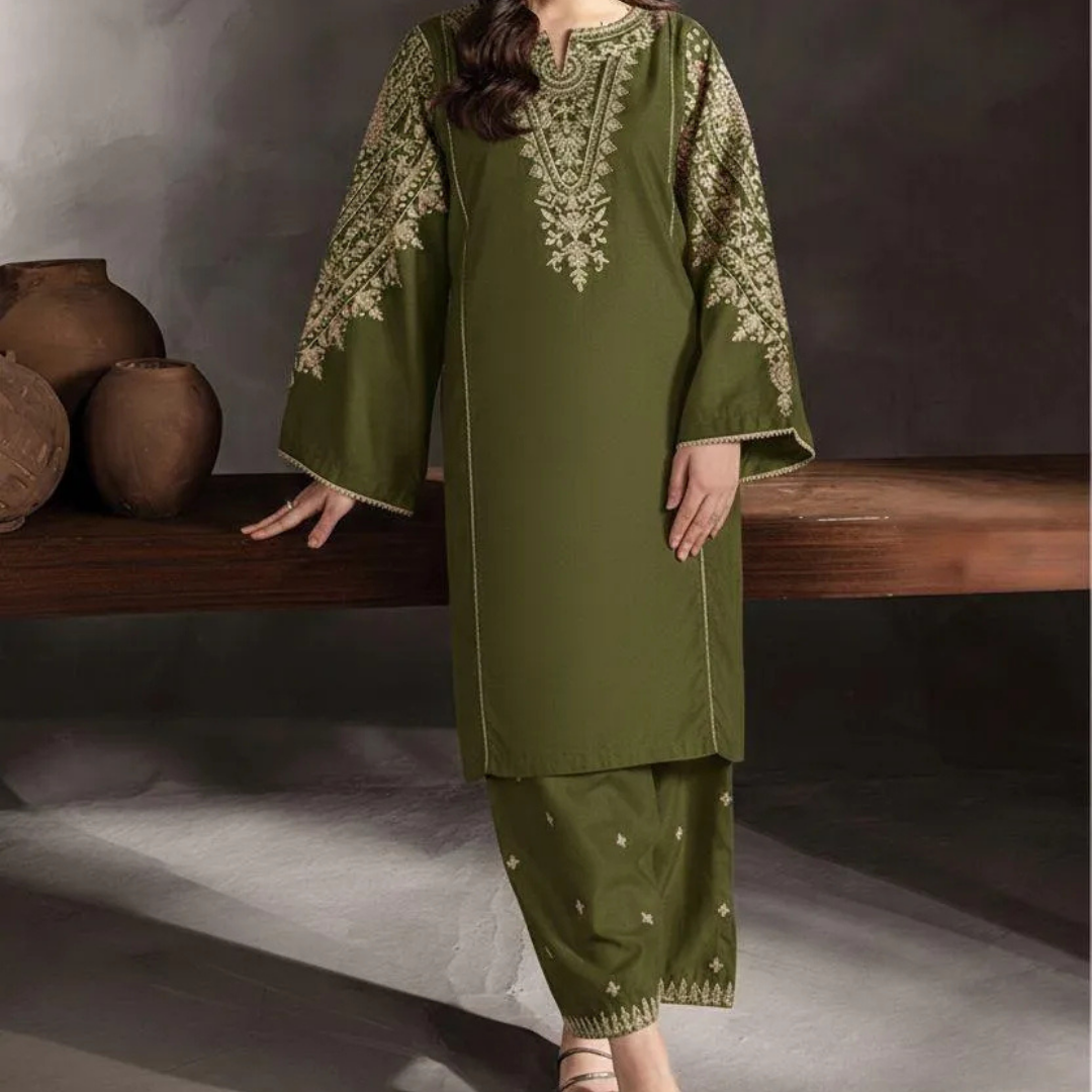 Green Embroidered 2 Pcs Women's Lawn Suit