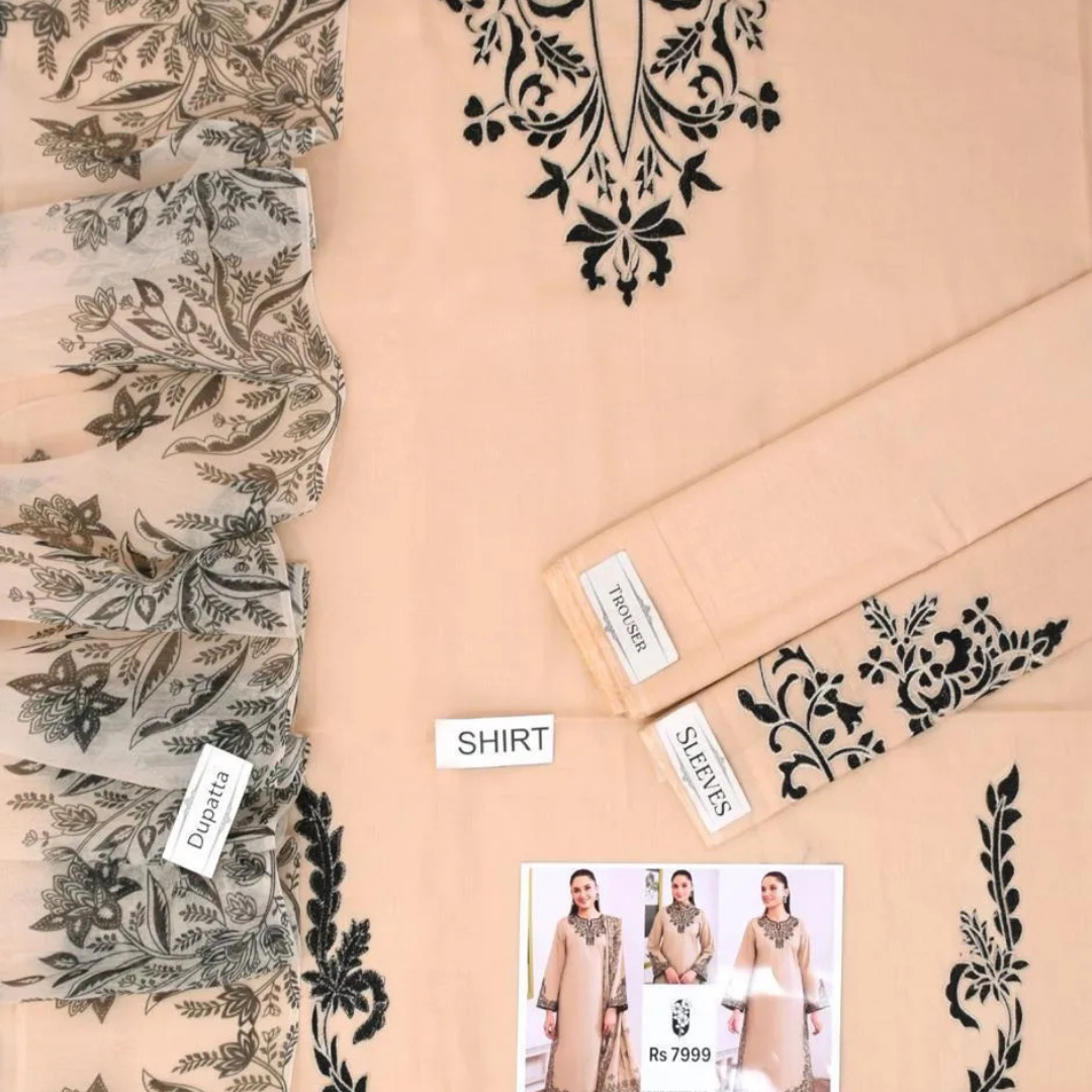 Beige Embroidered Women's Lawn 3Pcs Suit Set
