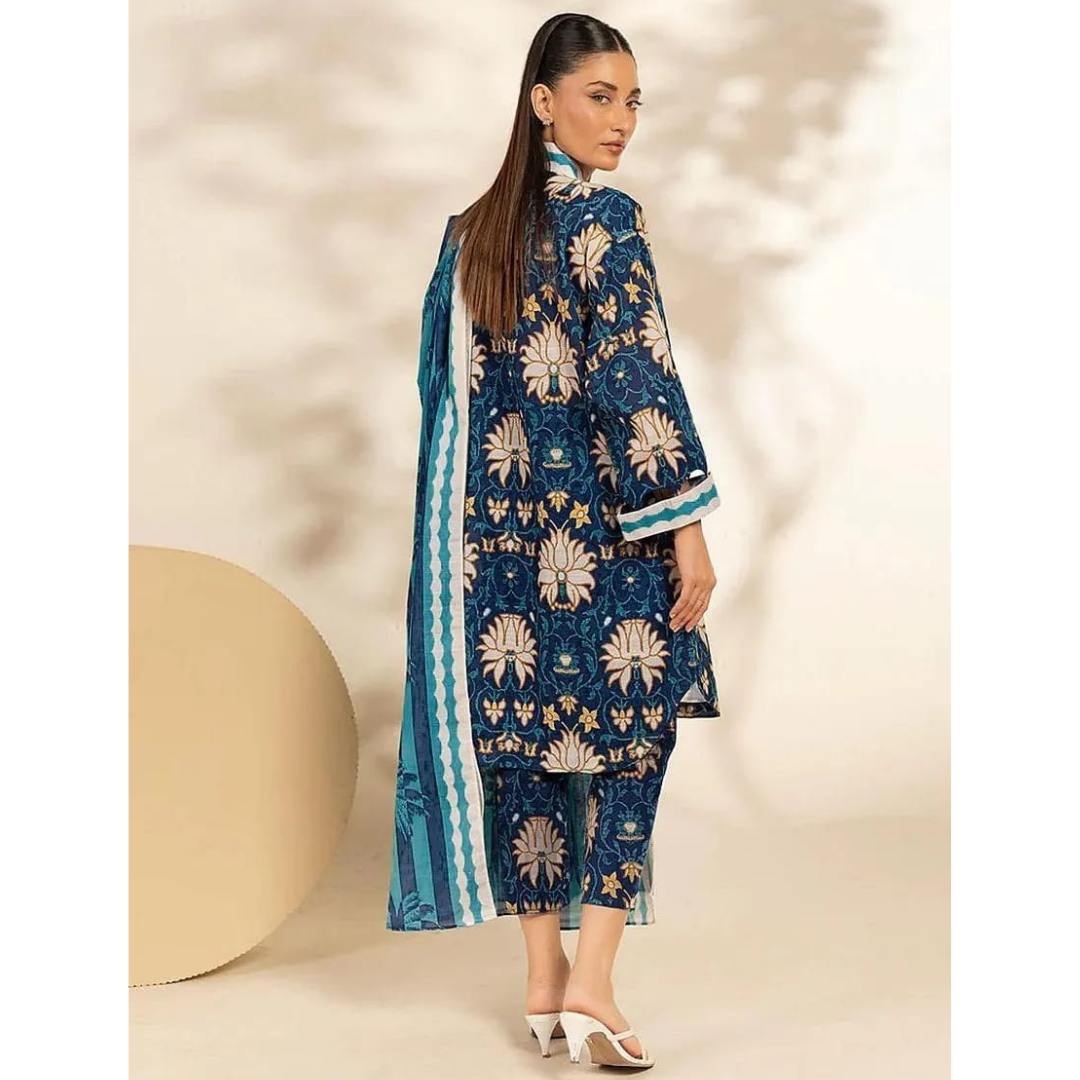 Blue Printed 3 Pcs Women's Unstitched Suit Khaddar Shirt Fabric