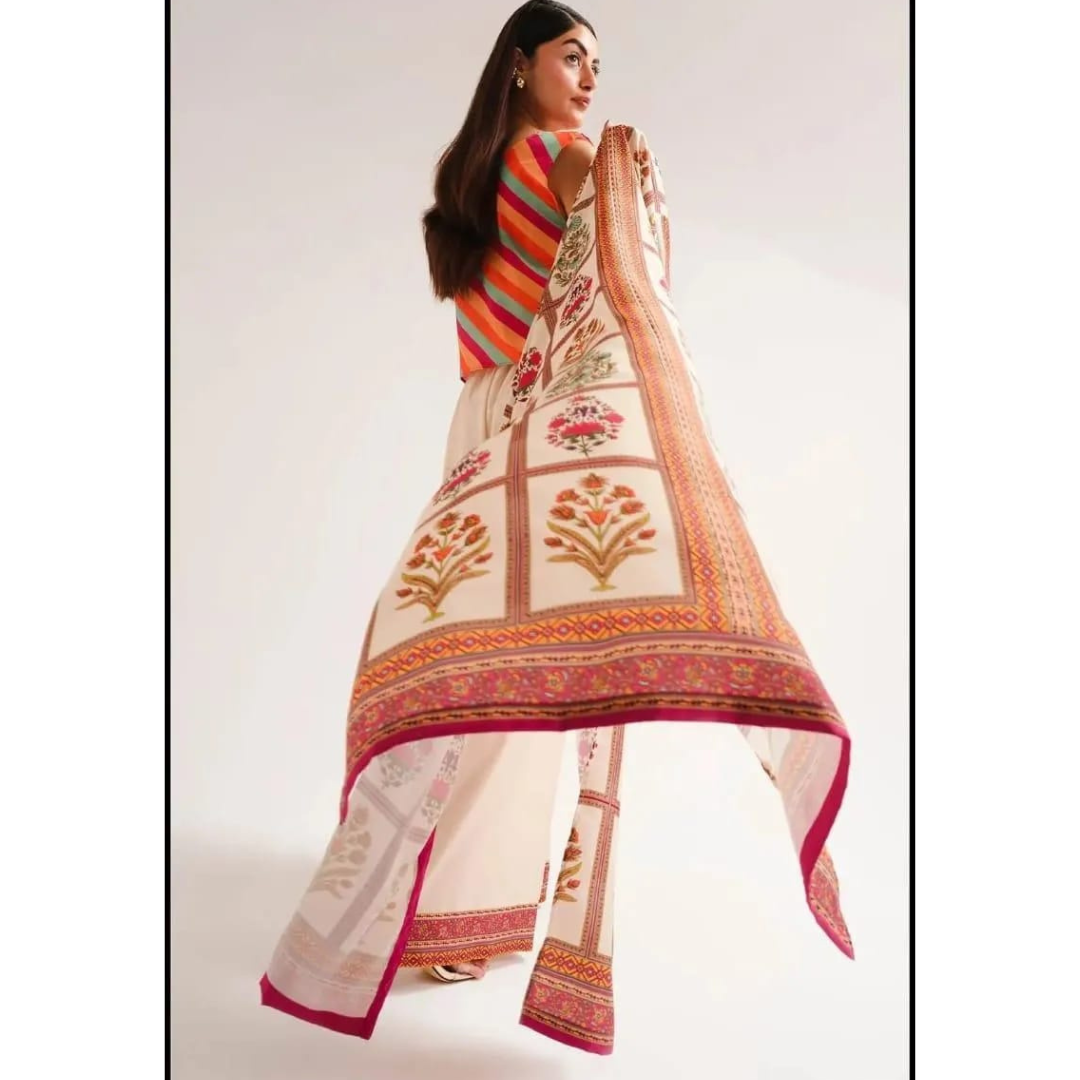 3 Pcs Printed Lawn Gown Suit – Orange Party Wear