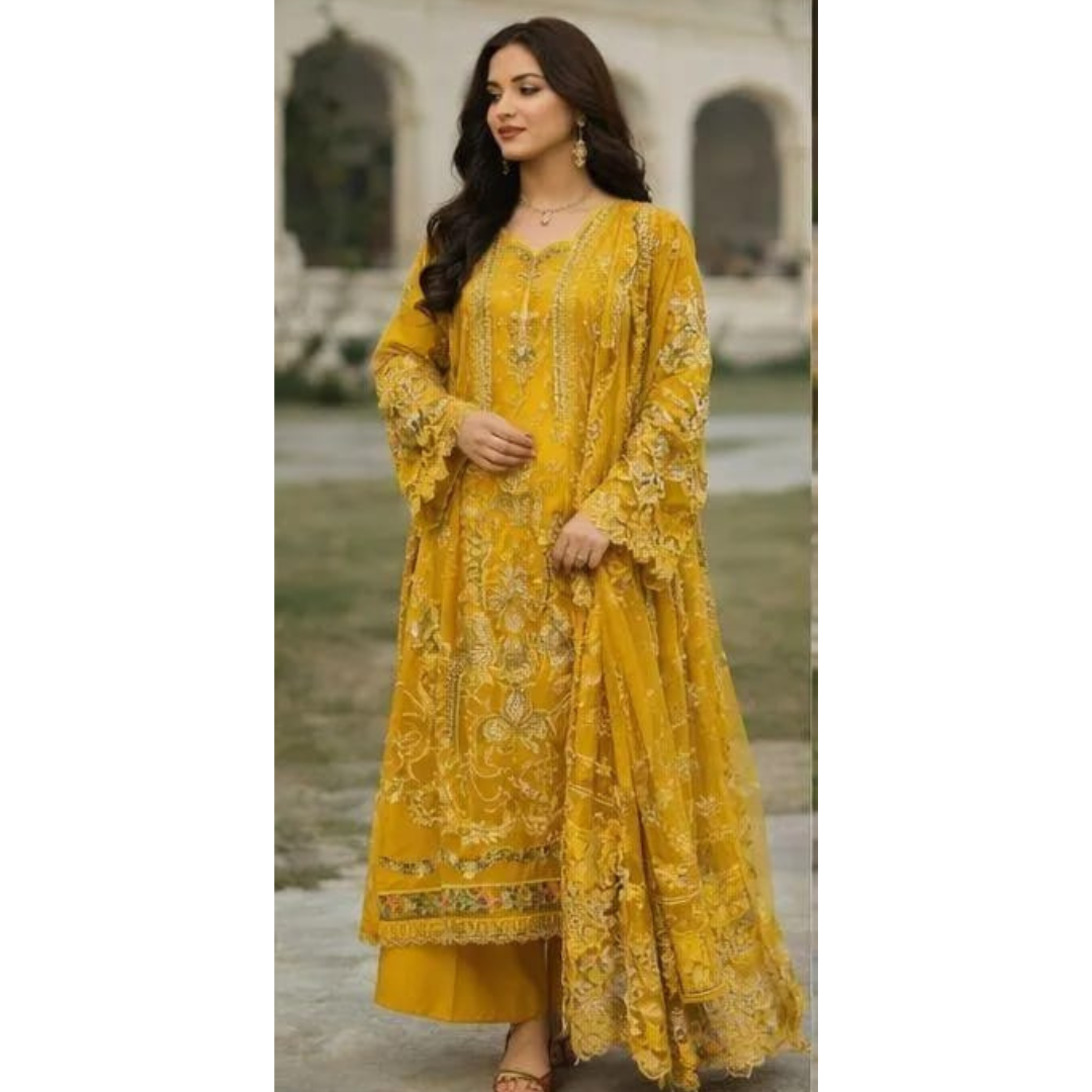Mustard Chikankari Lawn 3 Pcs Suit for Eid & Party Wear