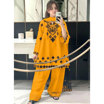 3 Pcs Women’s Stitched Cotton Embroidered Suit – Mustard