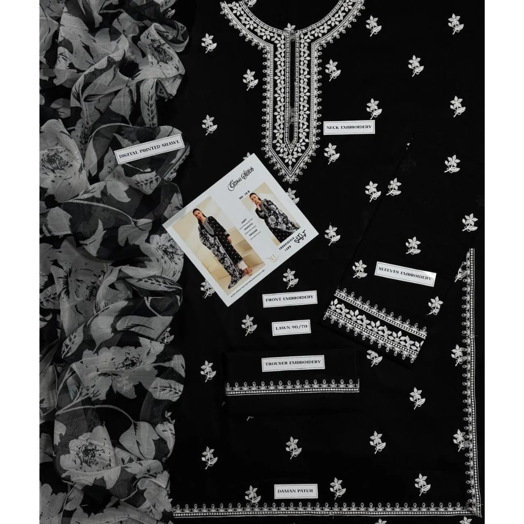 Black Embroidered Women's 3 Pcs Lawn Suit Set