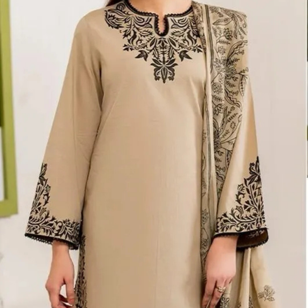 Beige Embroidered Women's Lawn 3Pcs Suit Set