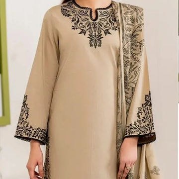 Beige Embroidered Women's Lawn 3Pcs Suit Set