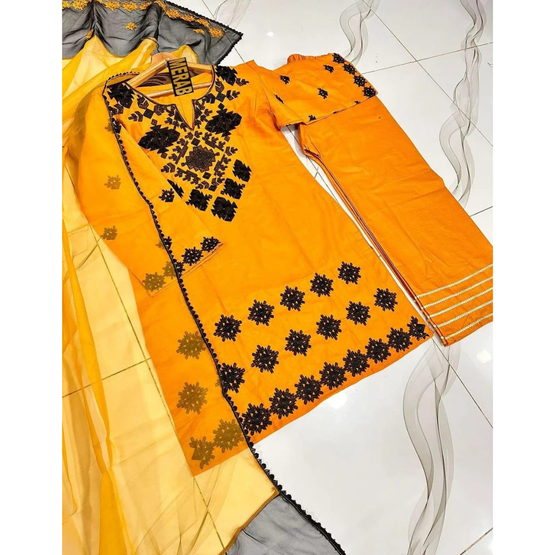 3 Pcs Women’s Stitched Cotton Embroidered Suit – Mustard
