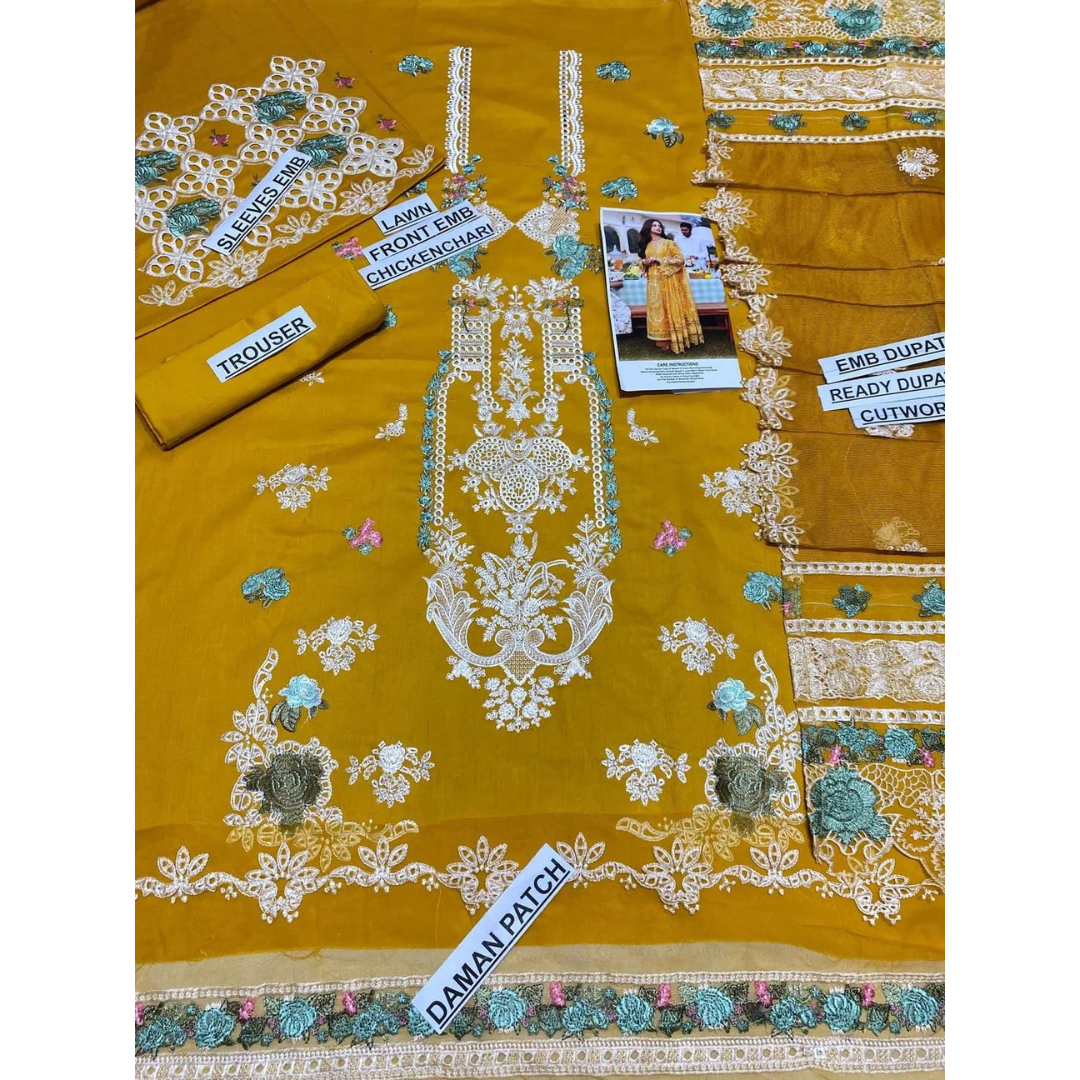 Mustard Chikankari Lawn 3 Pcs Suit for Eid & Party Wear