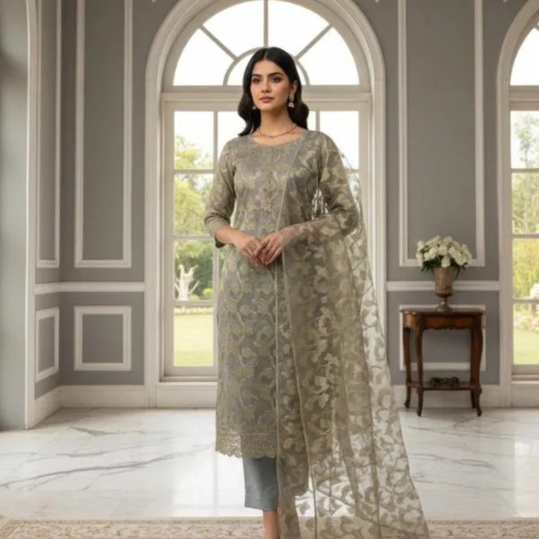 Grey Embroidered Organza 3Pcs Women Suit Set Eid Shaadi