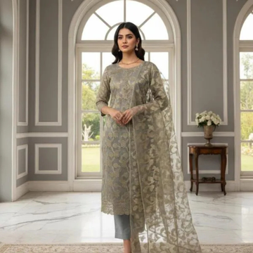 Grey Embroidered Organza 3Pcs Women Suit Set Eid Shaadi