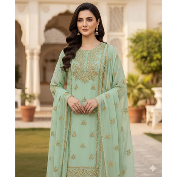 Green Gota Work Chiffon 2 Pcs Women Suit