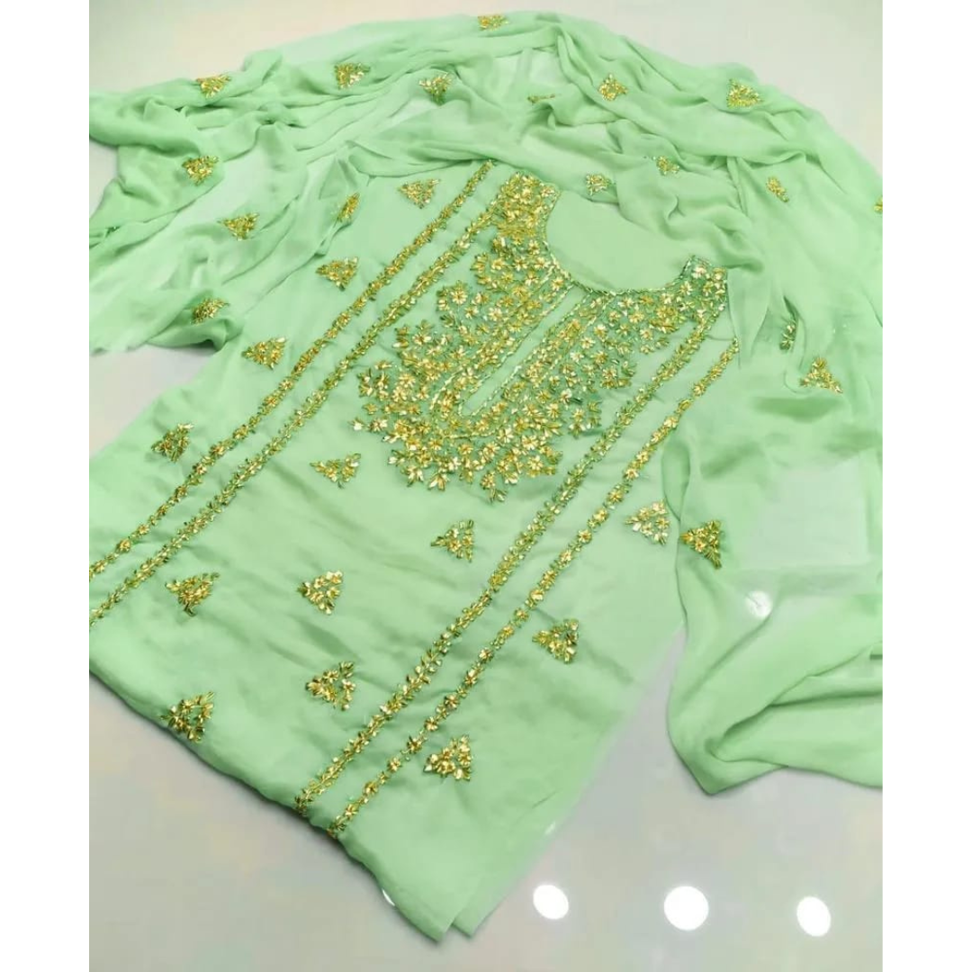 Green Gota Work Chiffon 2 Pcs Women Suit