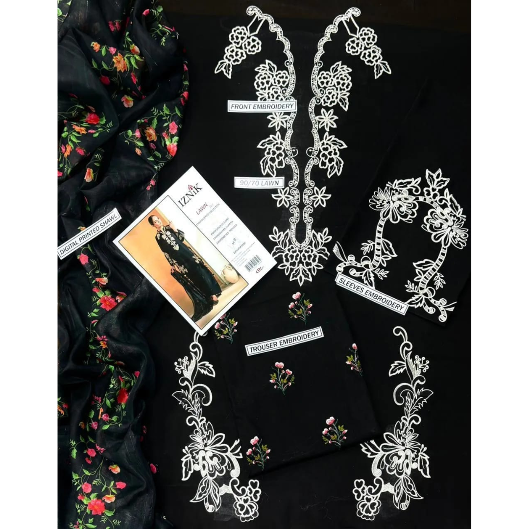 Black Embroidered 3 Pcs Women's Lawn Suit