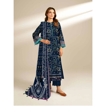 Women Linen Printed Suit – Blue 3 Pcs Set