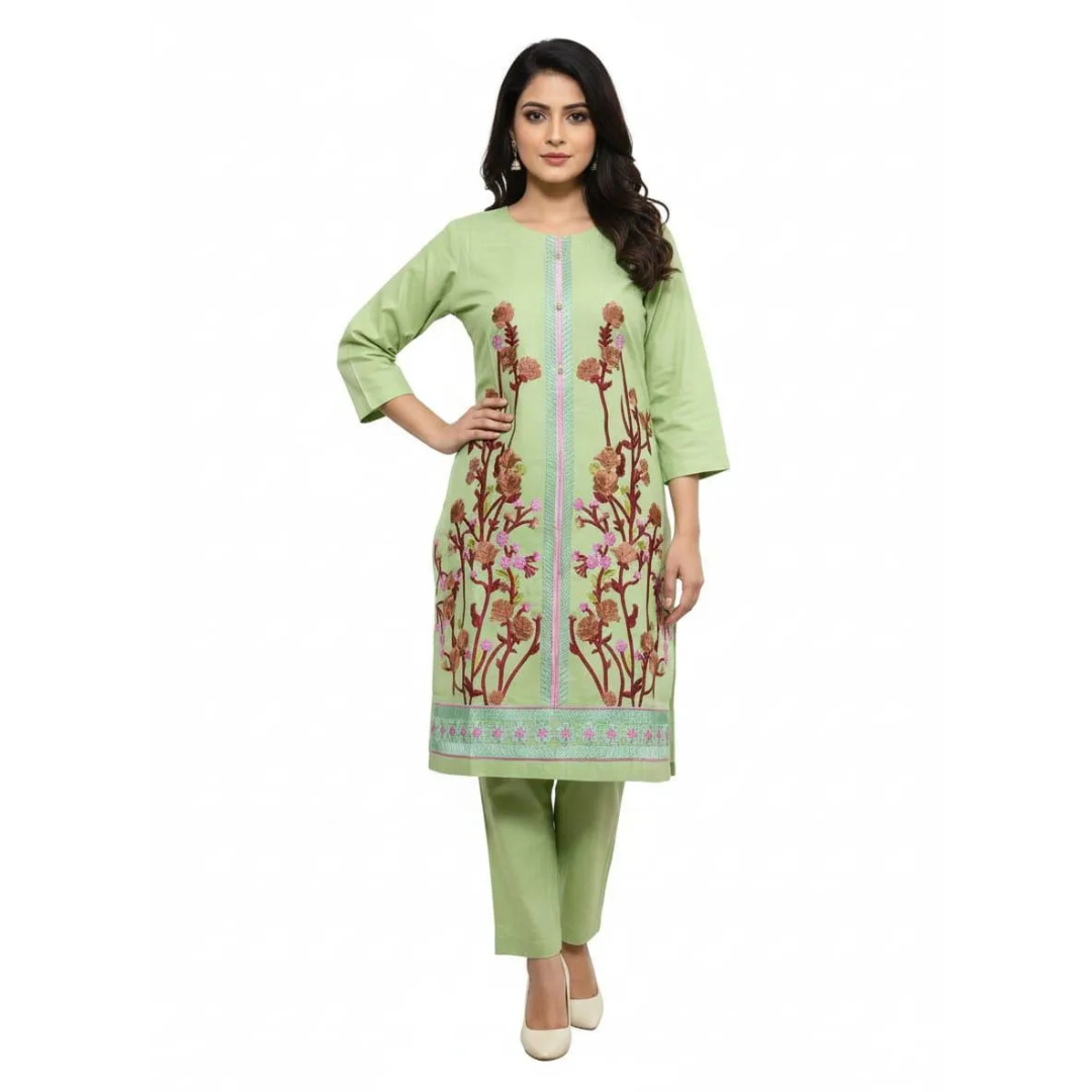 Green Embroidered Lawn Shirt & Trouser Set for Women 2 Pcs