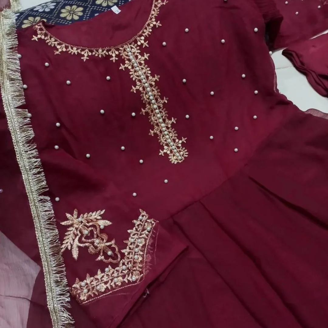 Maroon Embroidered Chiffon Maxi Suit 3Pcs Eid Party Wear
