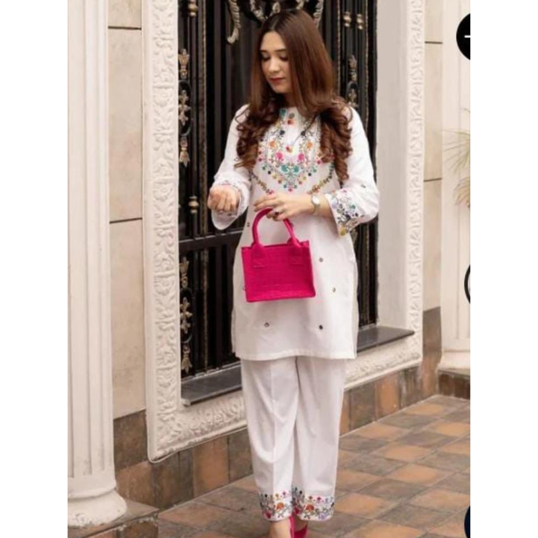 White Embroidered Women’s Kurta Trouser Set – Cotton Lawn