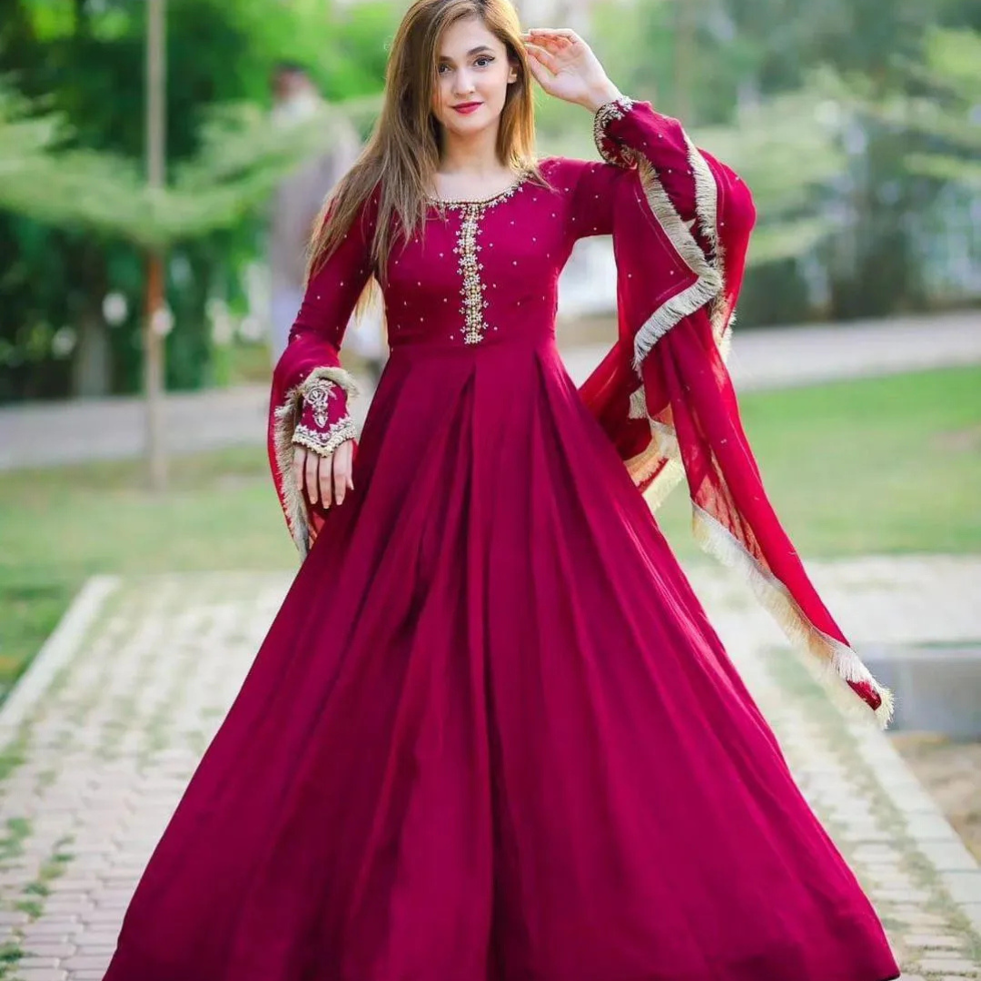 Maroon Embroidered Chiffon Maxi Suit 3Pcs Eid Party Wear