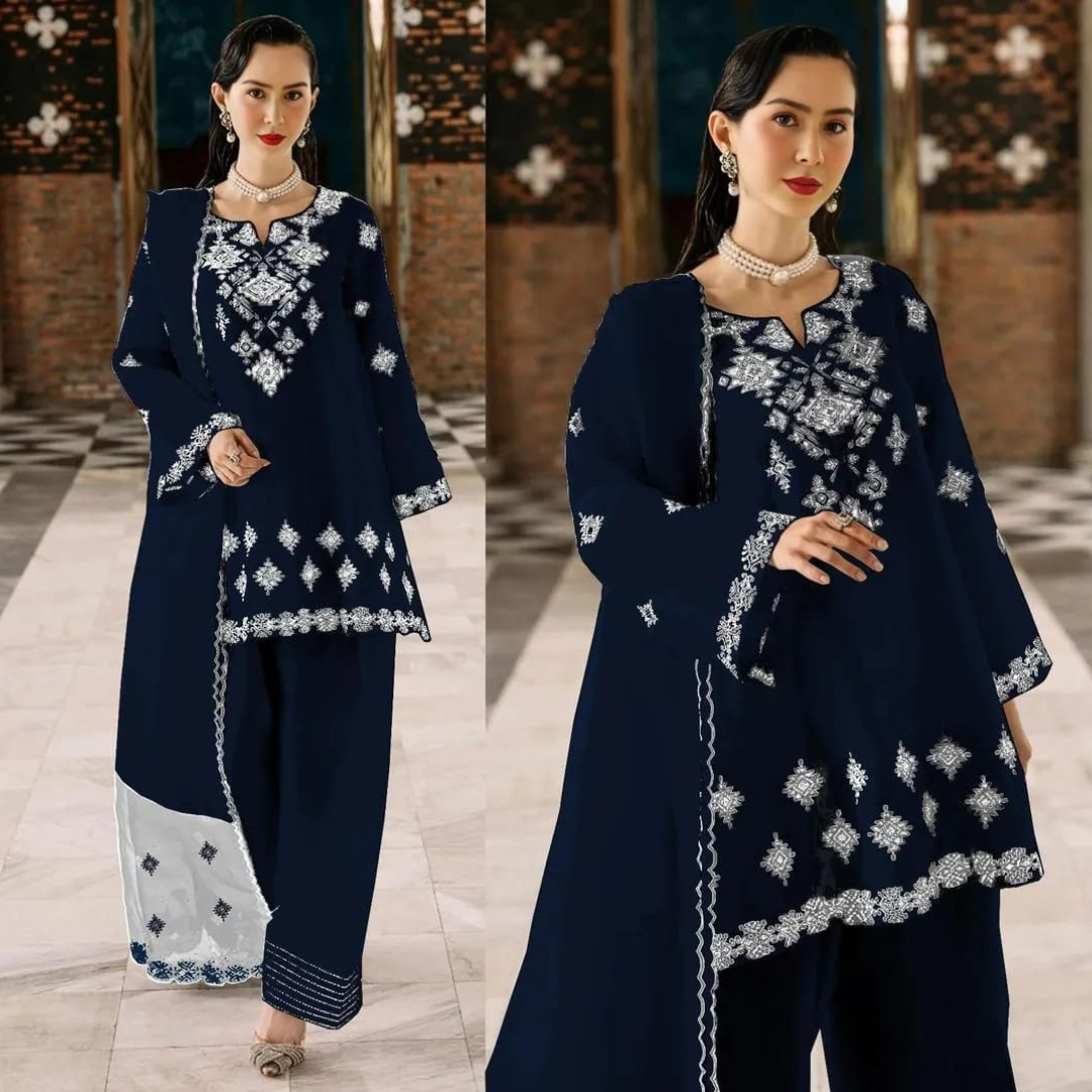 3 Pcs Women’s Stitched Cotton Embroidered Suit – Blue