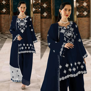 3 Pcs Women’s Stitched Cotton Embroidered Suit – Blue