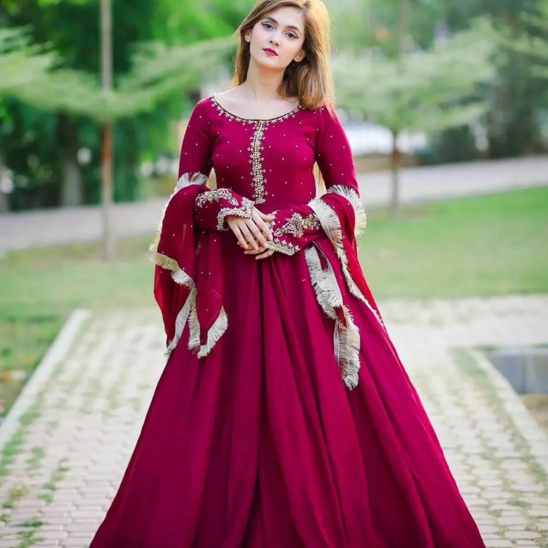 Maroon Embroidered Chiffon Maxi Suit 3Pcs Eid Party Wear