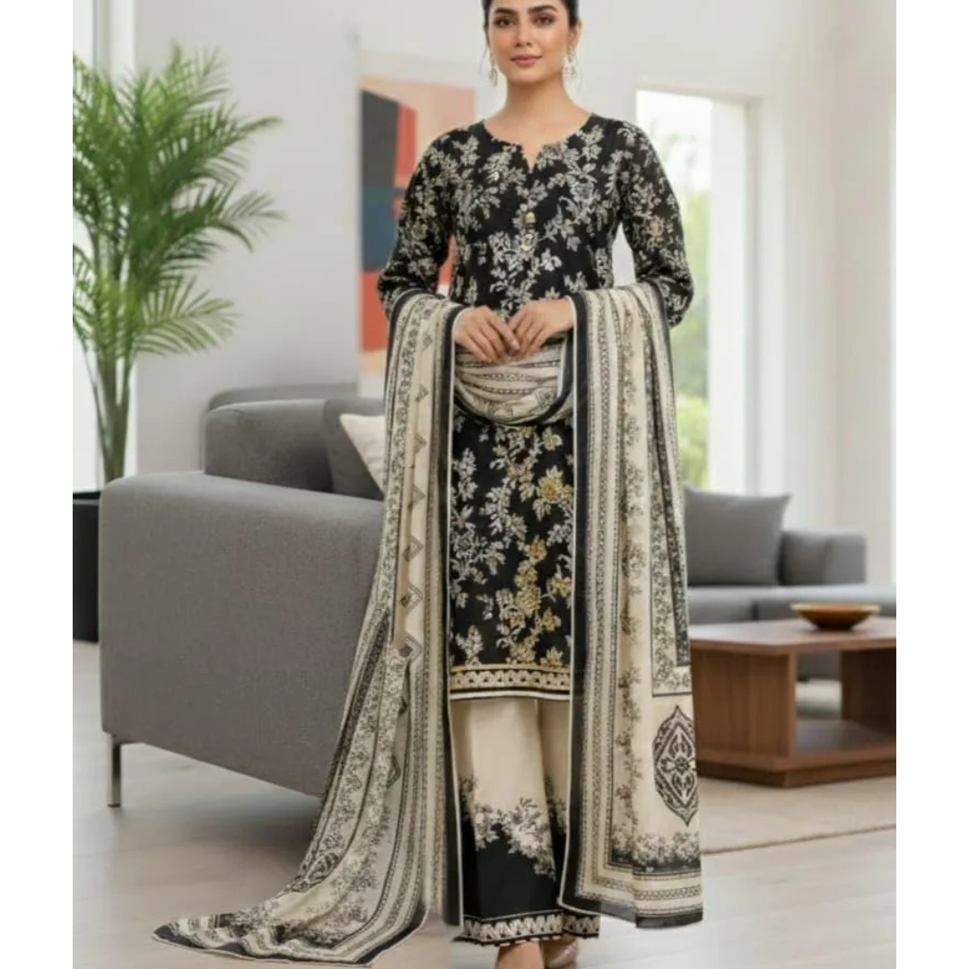 3 Pcs Women's Stitched Arabic Lawn Printed Suit