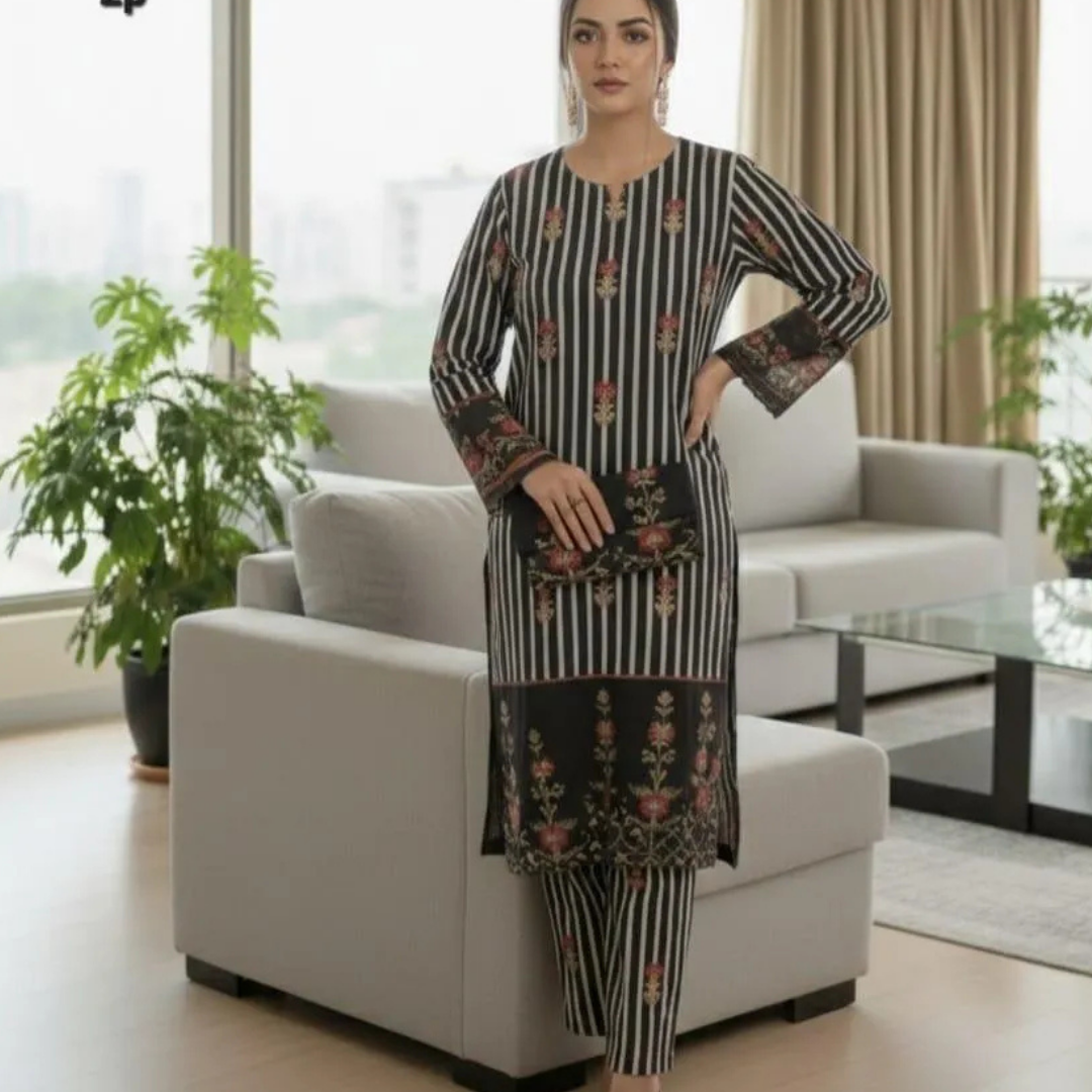 2 Pcs Women's Stitched Silky Lawn Printed Shirt And Trouser (Simran)