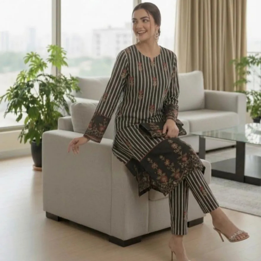 2 Pcs Women's Stitched Silky Lawn Printed Shirt And Trouser (Simran)