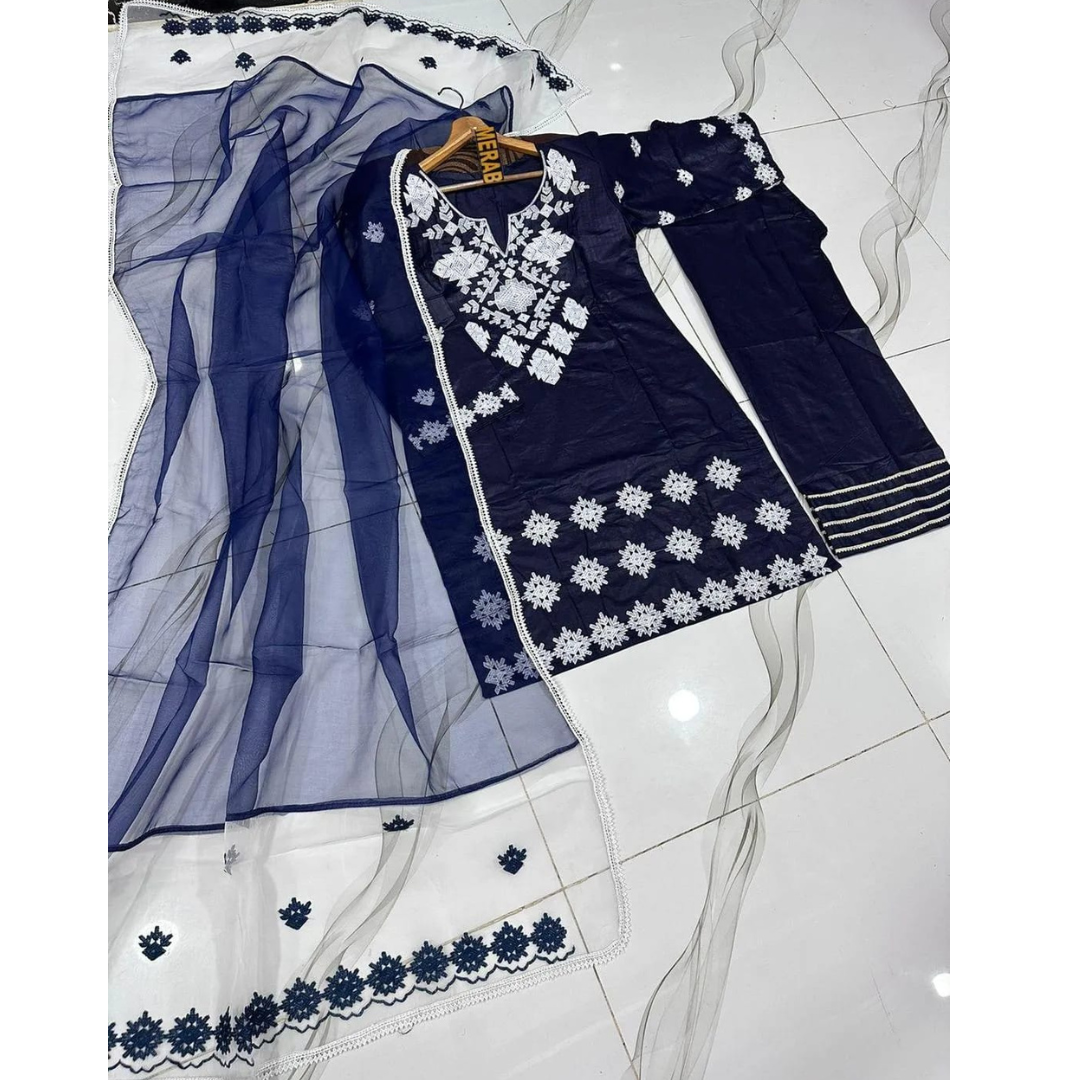 3 Pcs Women’s Stitched Cotton Embroidered Suit – Blue