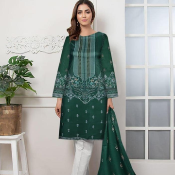 Women Linen Printed Suit Green Winter Set