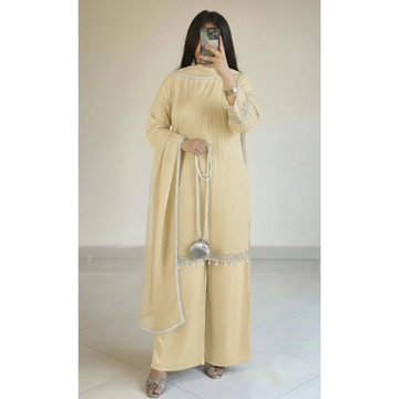 Full Heavy Stone Work 3 Pcs Suit – Cream Yellow Luxury Party Wear