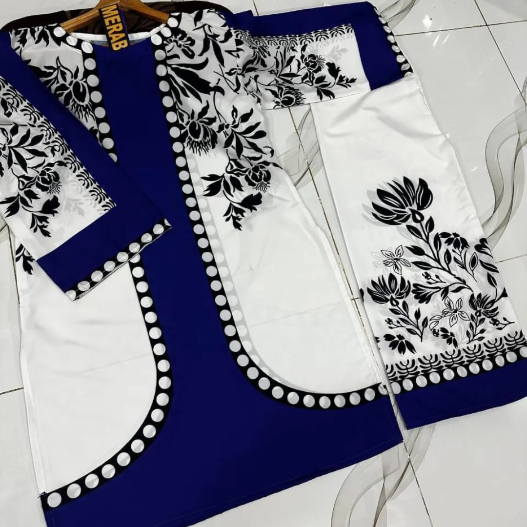 Women Swiss Lawn Printed Kurta Pant Set Blue Medium