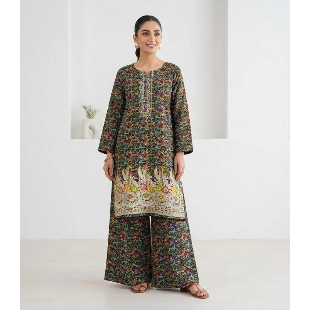 2 Pcs Women's Stitched Embroidered Lawn Digital Print Shirt & Trouser