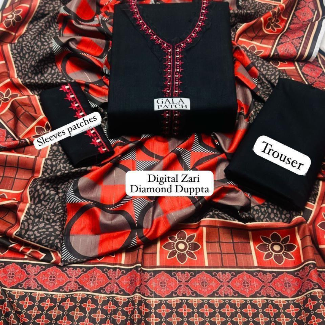 Black Dhanak Embroidered 3 Pcs Women Suit