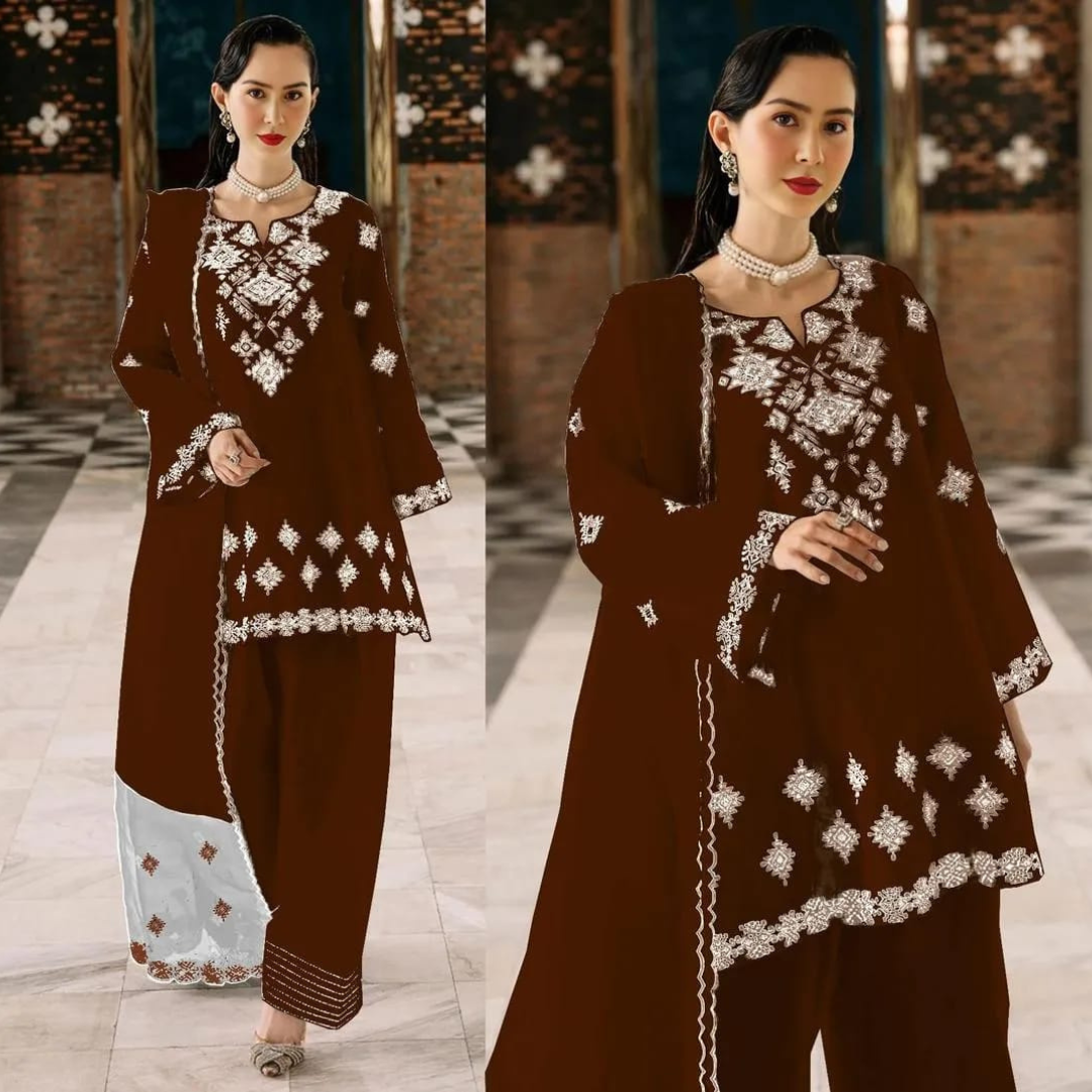 3 Pcs Women’s Stitched Cotton Embroidered Suit – Maroon