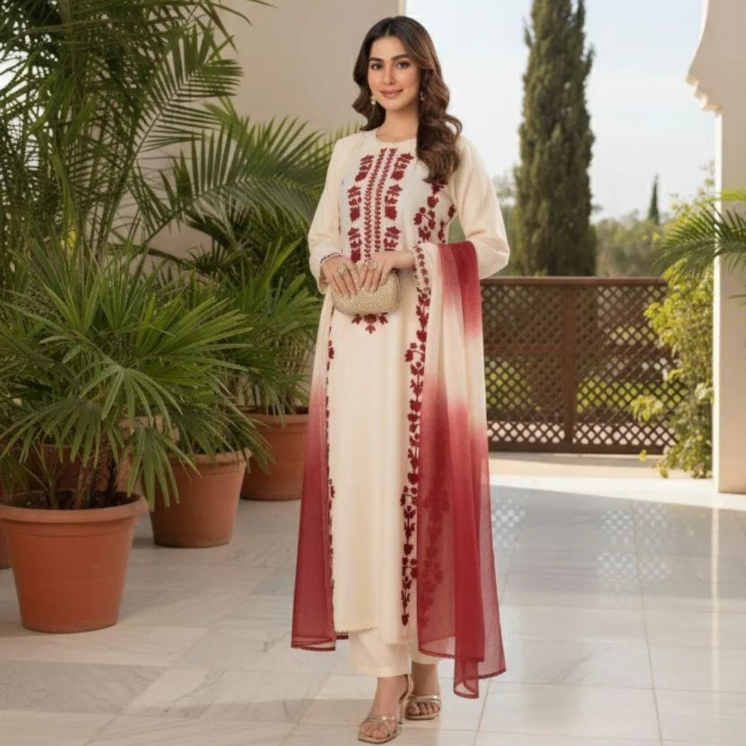 3 Pcs Women's Unstitched Embroidered Suit