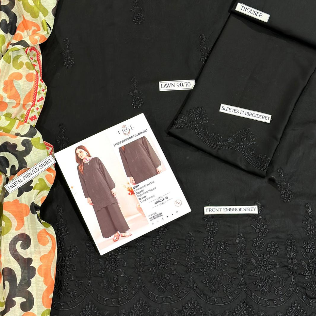 Black Chikankari Embroidered 3 Pcs Lawn Suit