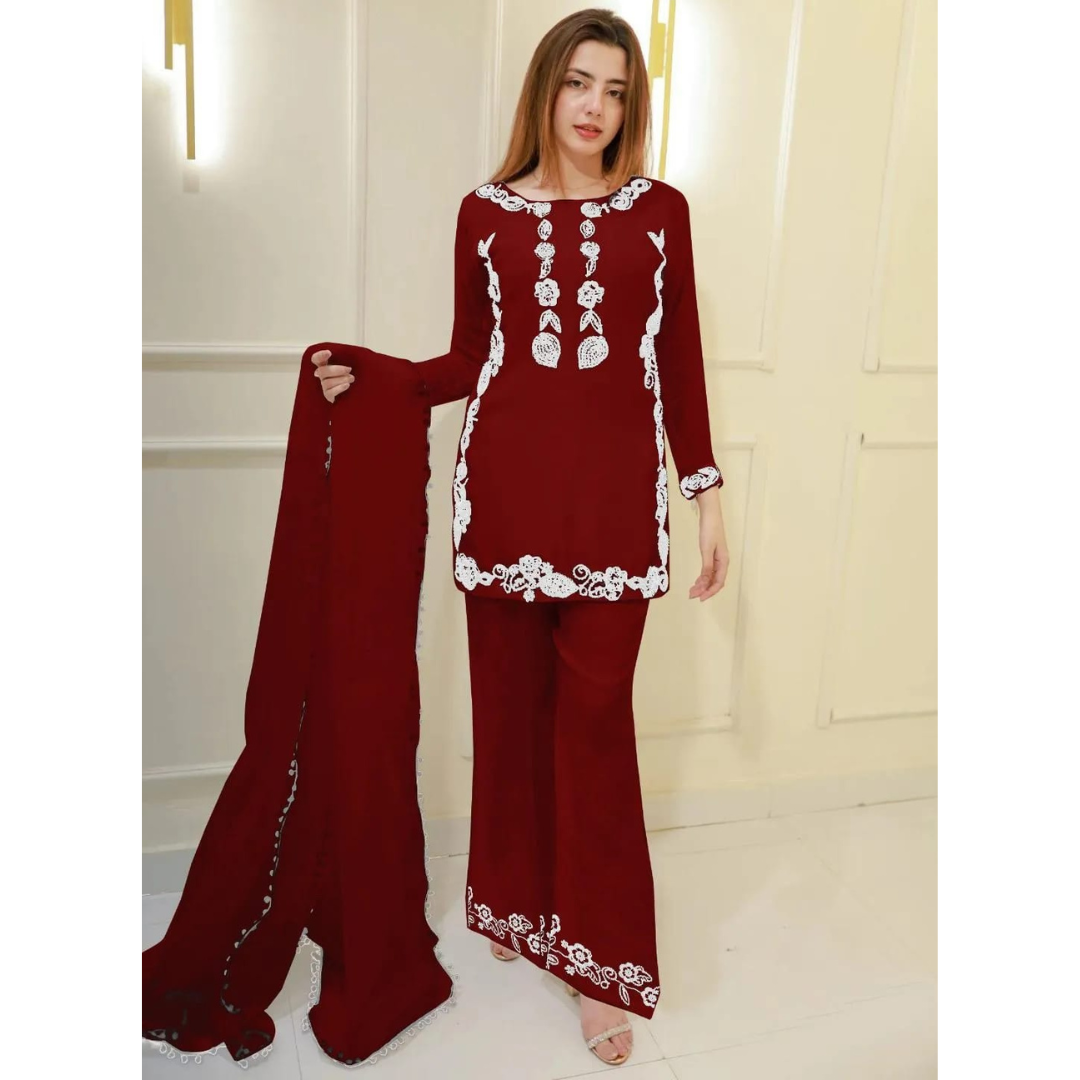 3 Pcs Women’s Stitched Cotton Embroidered Suit – Maroon Ari Work Dupatta