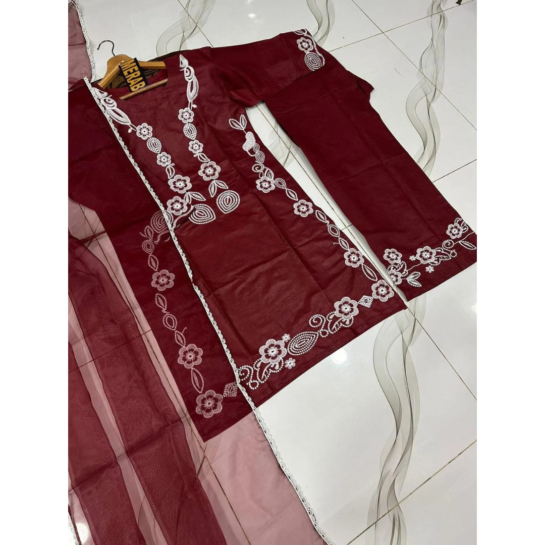 3 Pcs Women’s Stitched Cotton Embroidered Suit – Maroon Ari Work Dupatta