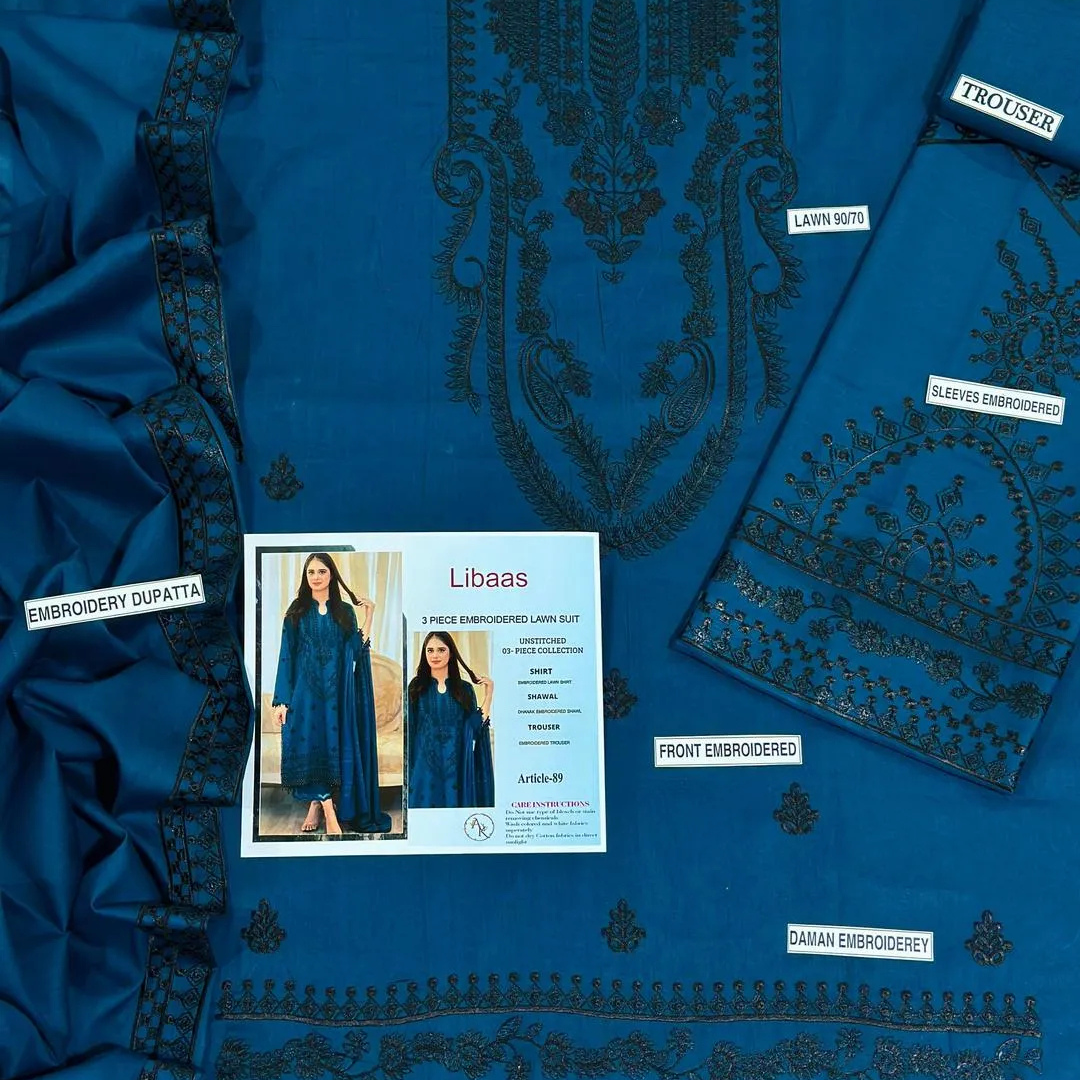 Blue Embroidered Women's 3 Pcs Suit Lawn Cotton Eid Wear