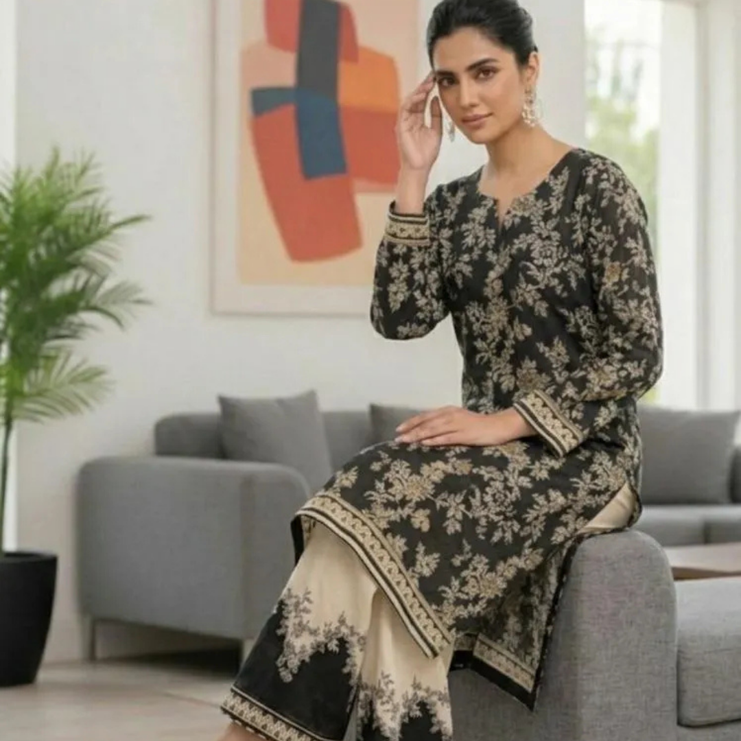 2 Pcs Women's Stitched Silky Lawn Printed Shirt And Trouser