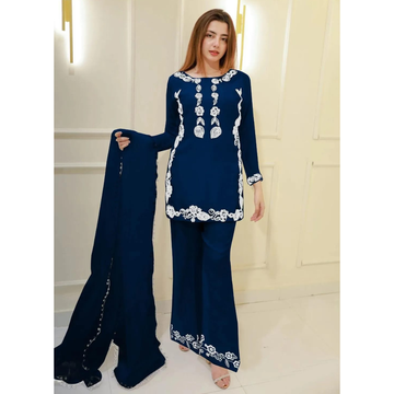 3 Pcs Women’s Stitched Cotton Embroidered Suit – Blue (Ari Work Dupatta)