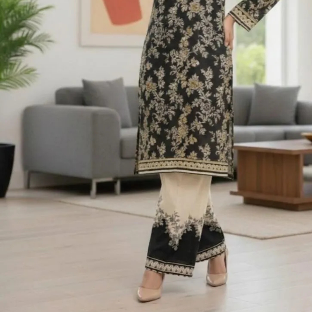 2 Pcs Women's Stitched Silky Lawn Printed Shirt And Trouser