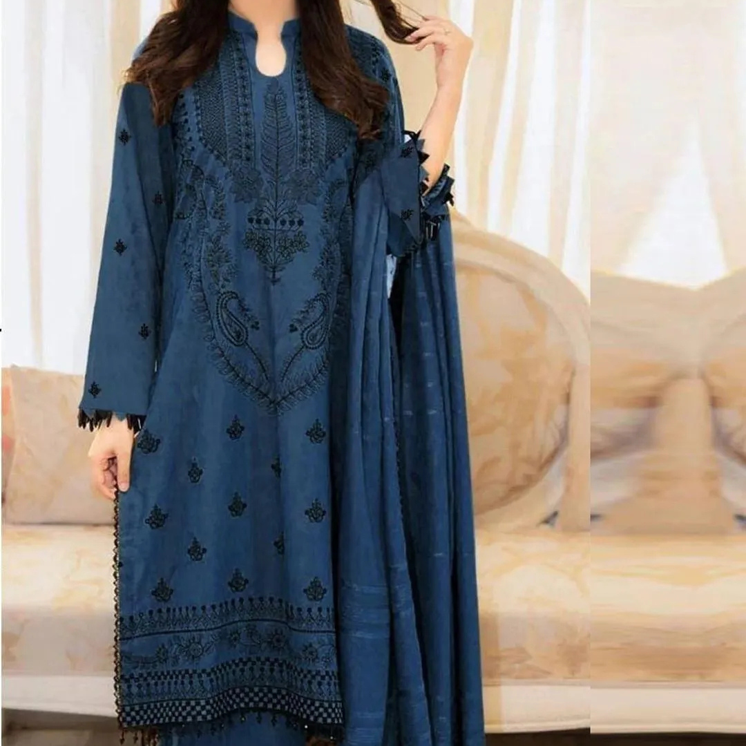 Blue Embroidered Women's 3 Pcs Suit Lawn Cotton Eid Wear