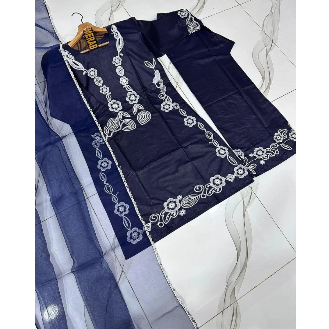 3 Pcs Women’s Stitched Cotton Embroidered Suit – Blue (Ari Work Dupatta)