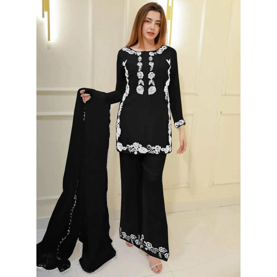3 Pcs Women’s Stitched Cotton Embroidered Suit – Black (Ari Work Dupatta)