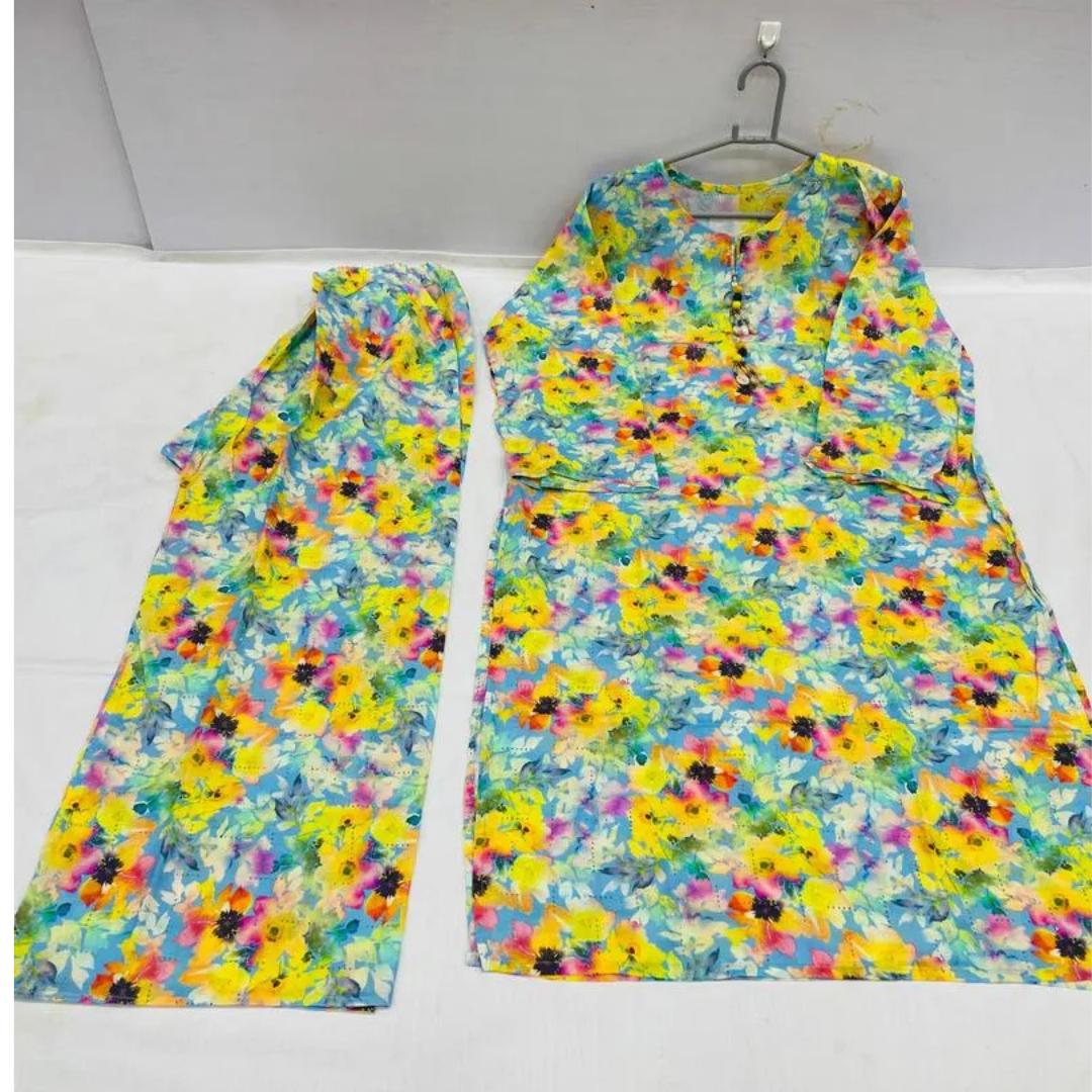 2 Pcs Women's Long Length Stitched Lawn Digital Print Shirt And Trouser with Beats
